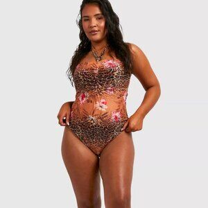Boohoo Plus Tropical Leopard Bandeau Halter Tie Swimsuit - NWT - Size 24